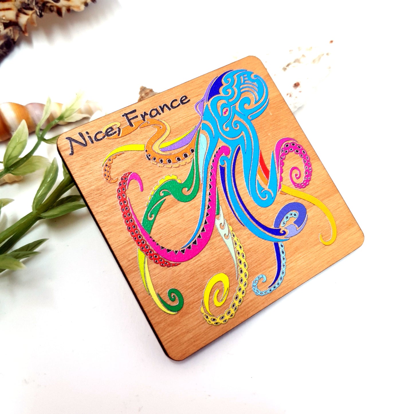Watercolor Octopus Dive Wooden Magnet