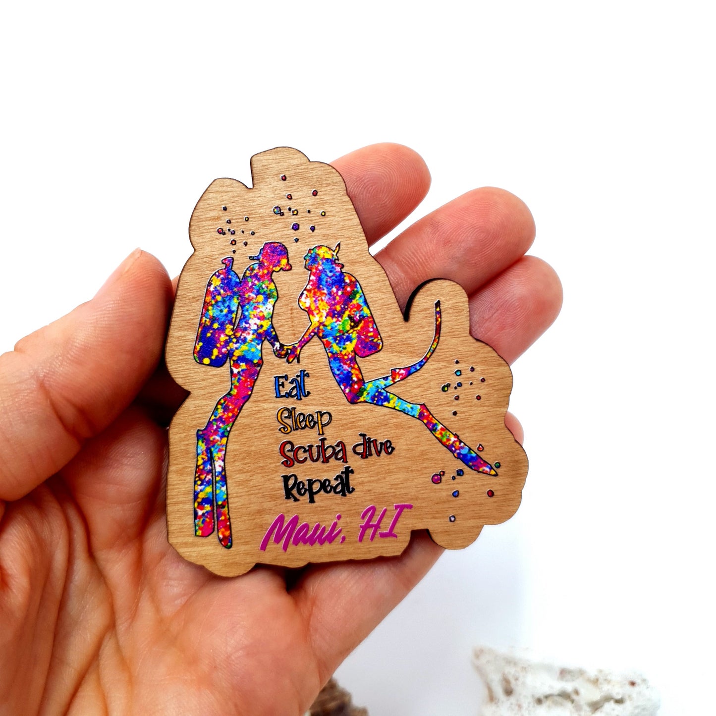 Watercolor Couple Dive Wooden Magnet