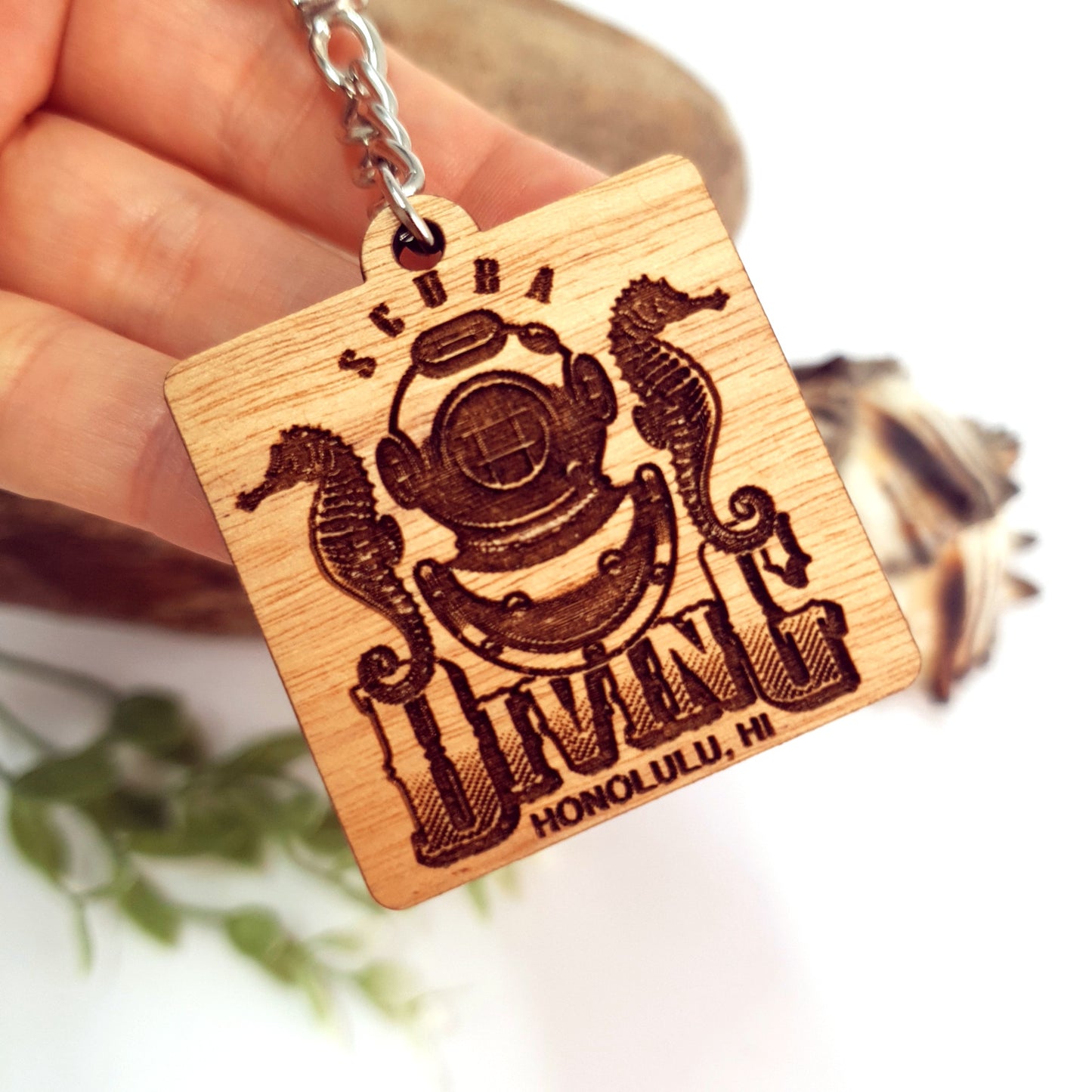 Engraved Seahorse Wooden Keychain