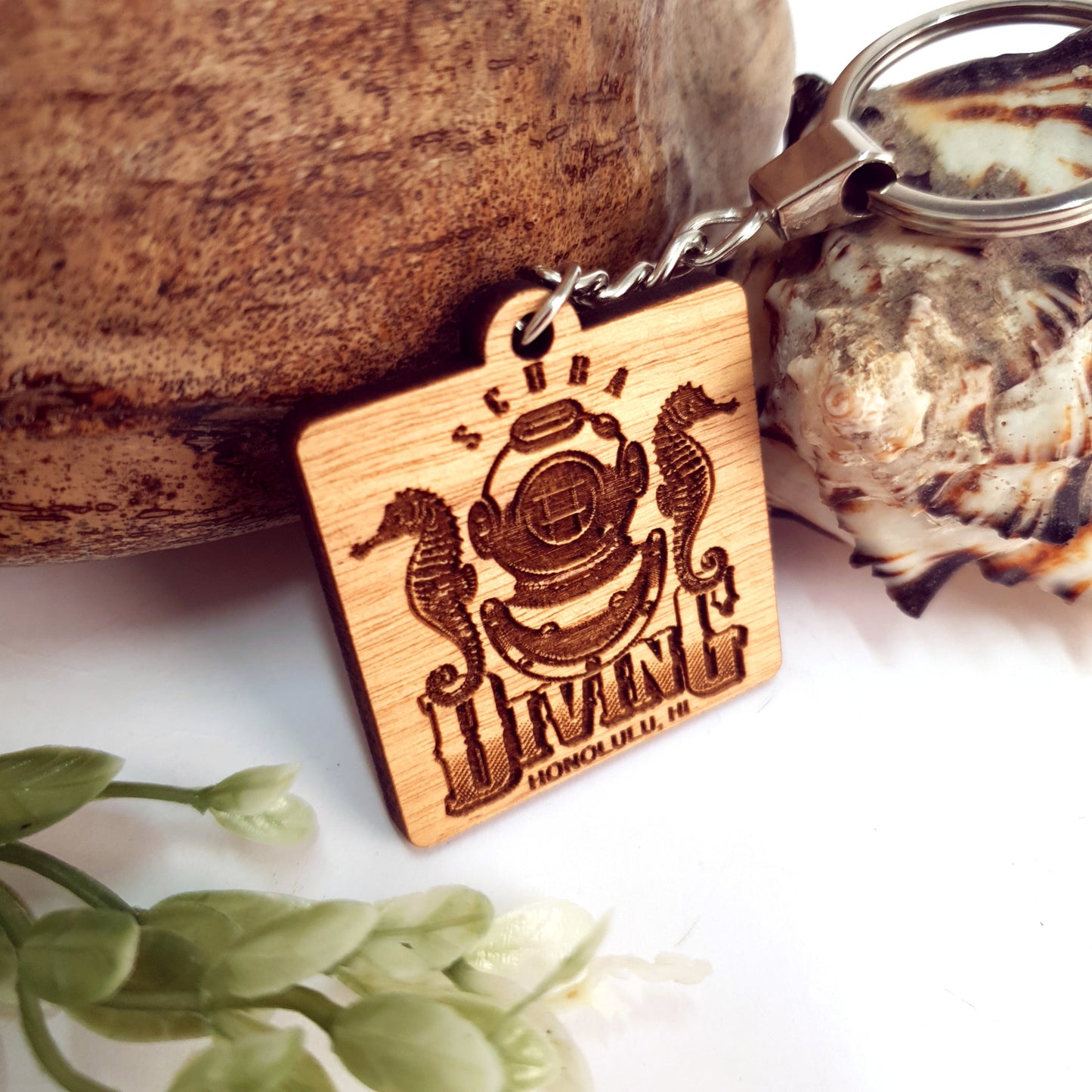 Engraved Seahorse Wooden Keychain