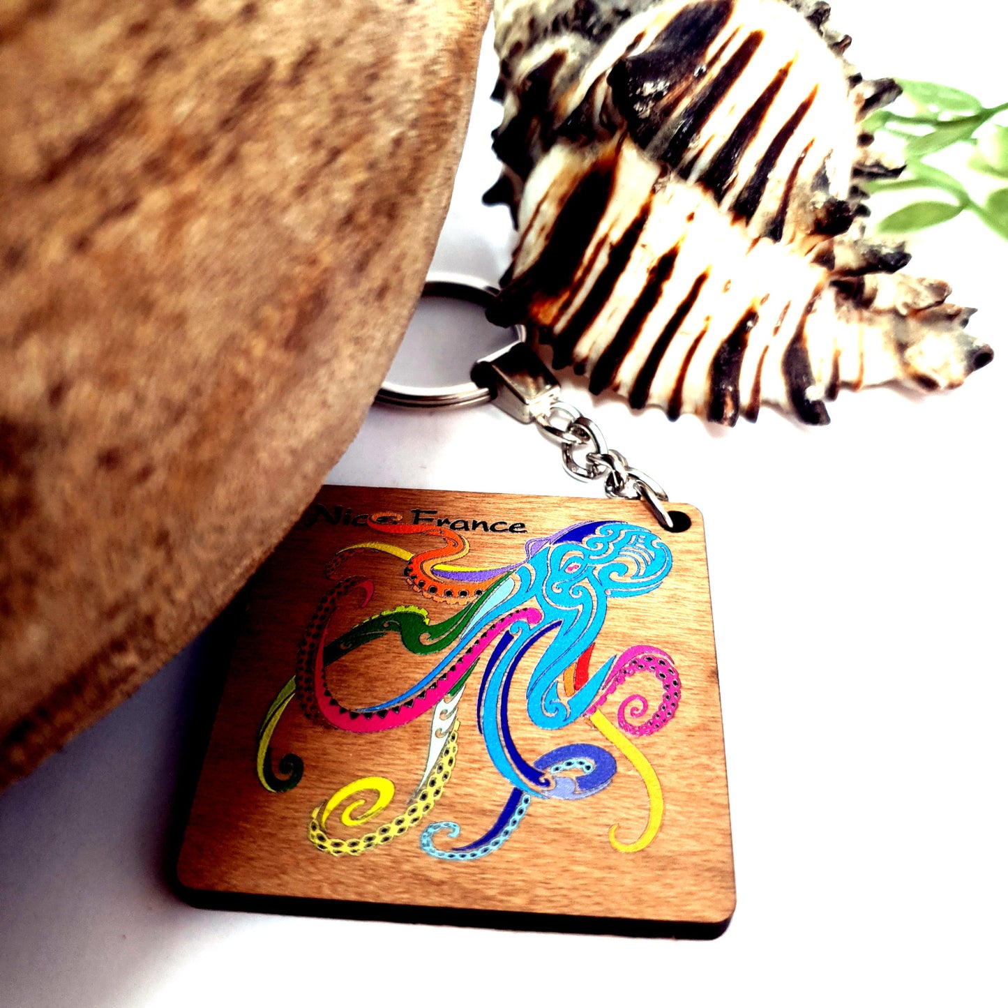Octopus Tribal Diving Wooden Keychain