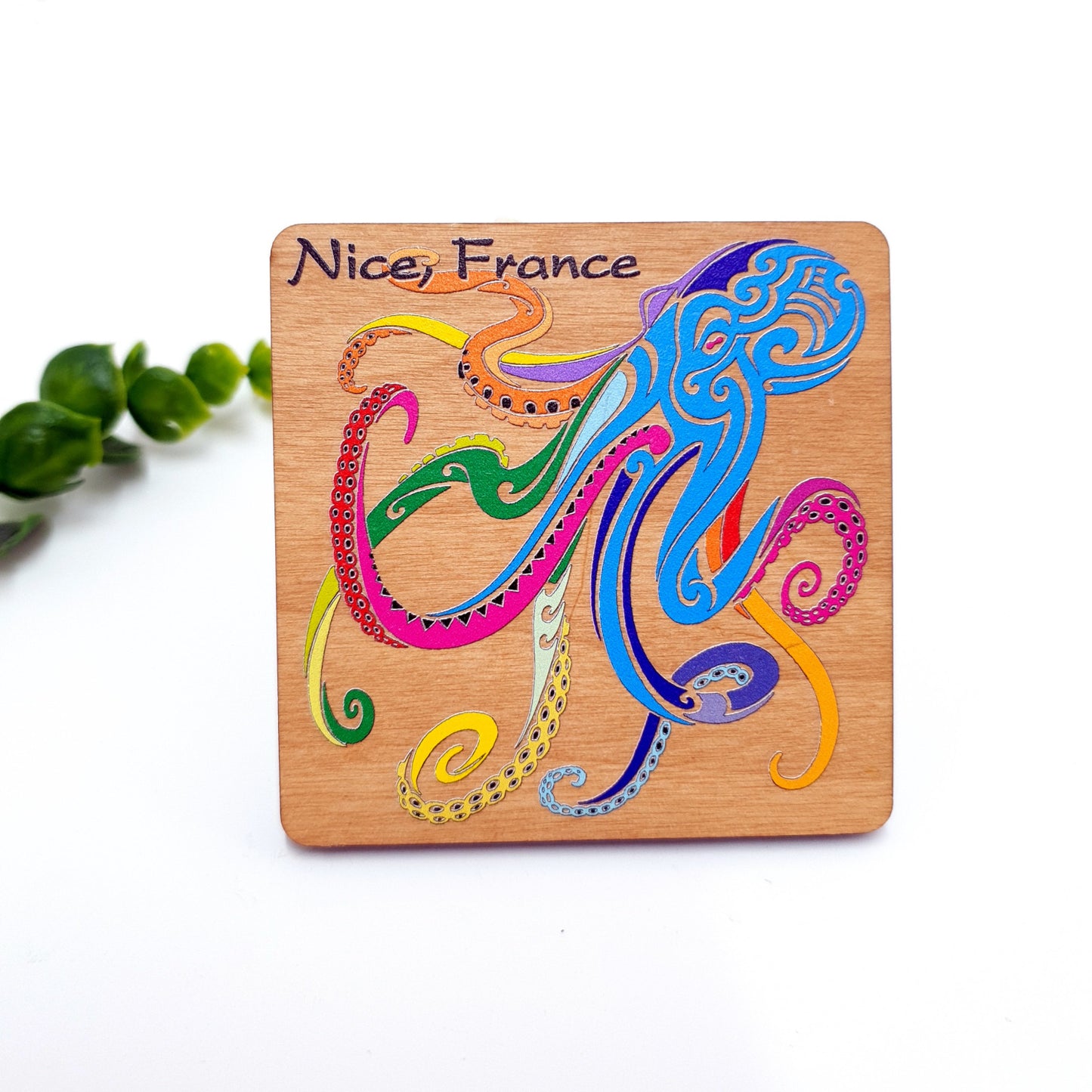 Watercolor Octopus Dive Wooden Magnet