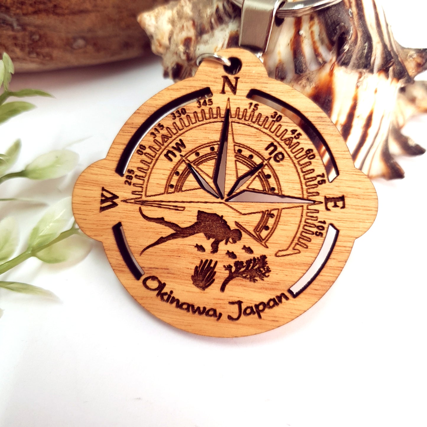 Engraved Compass Wooden Keychain