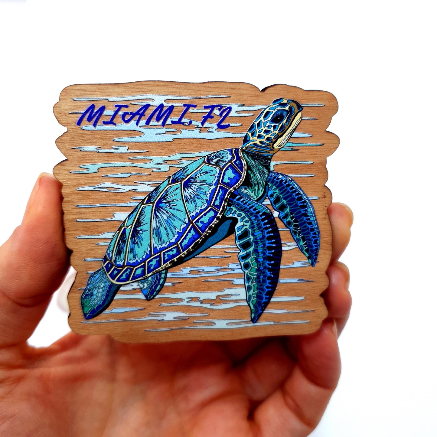 Watercolor Blue Turtle Wooden Fridge Dive Magnet