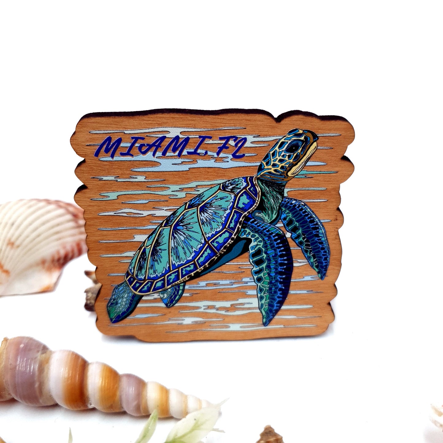 Watercolor Blue Turtle Wooden Fridge Dive Magnet