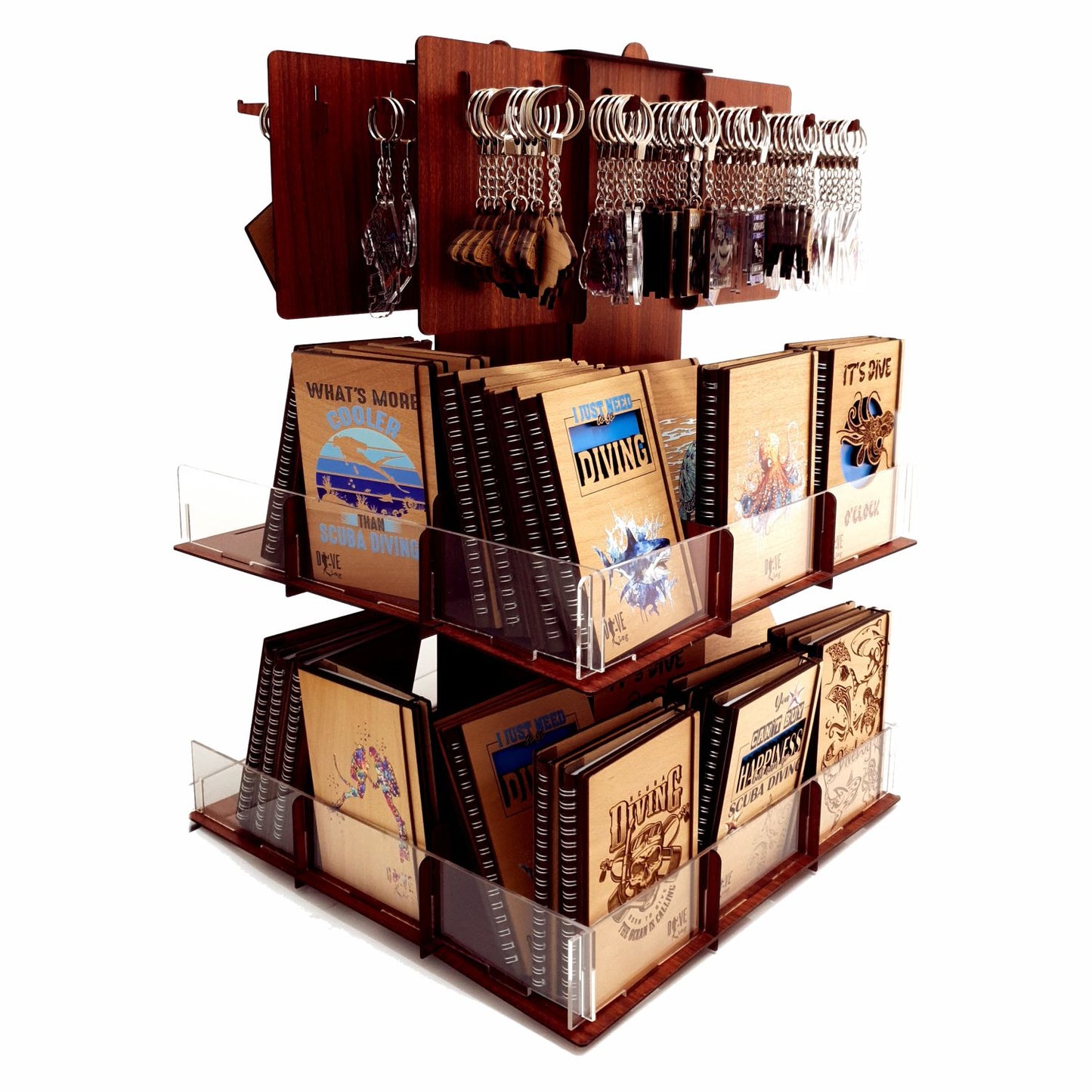 Wooden Stand Logbooks and Keychains
