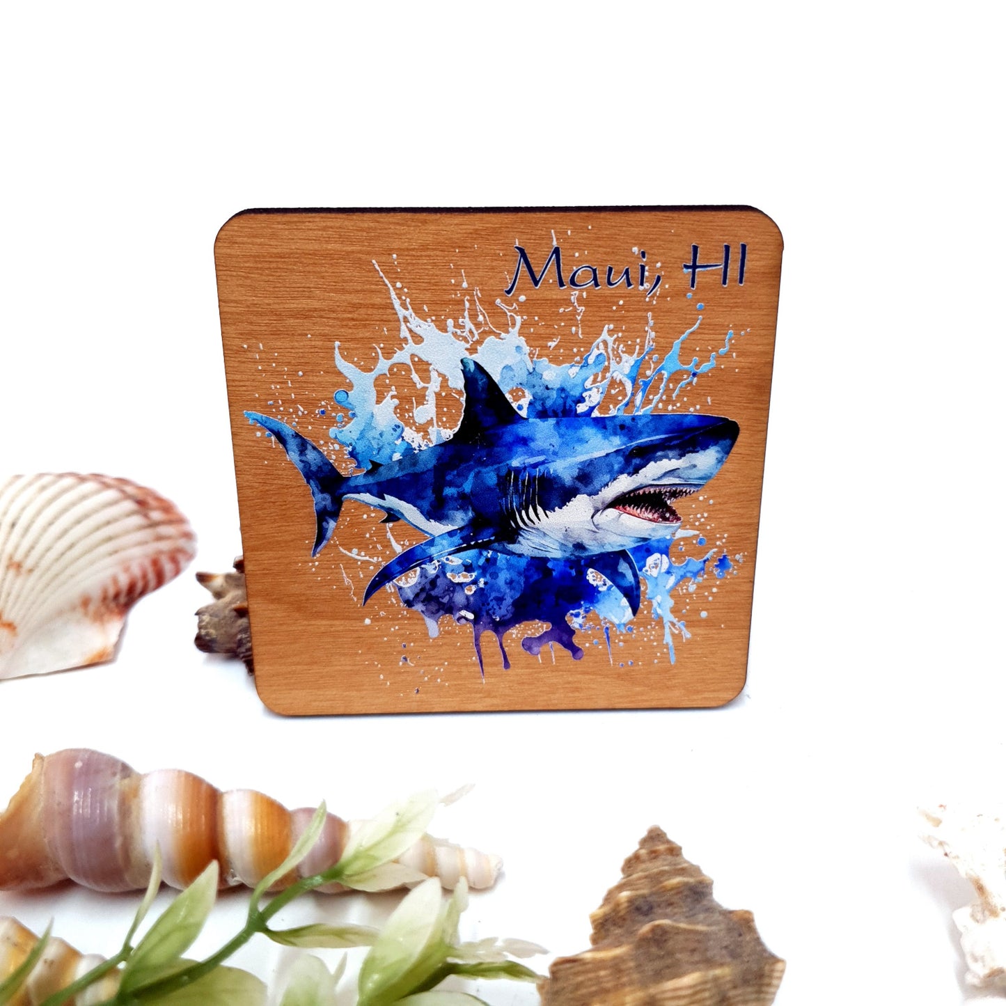 Shark Watercolor Dive Wooden Magnet