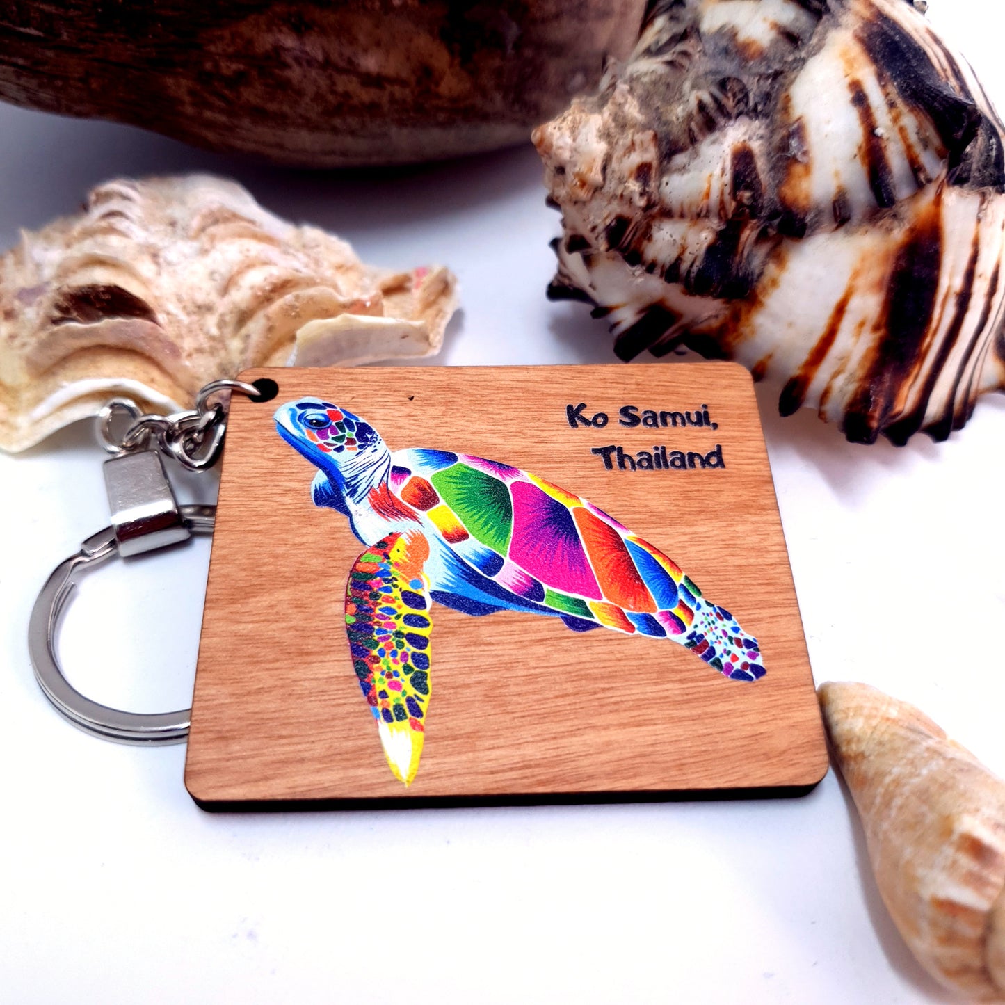 Wooden Keychain Diving Colorful Turtle