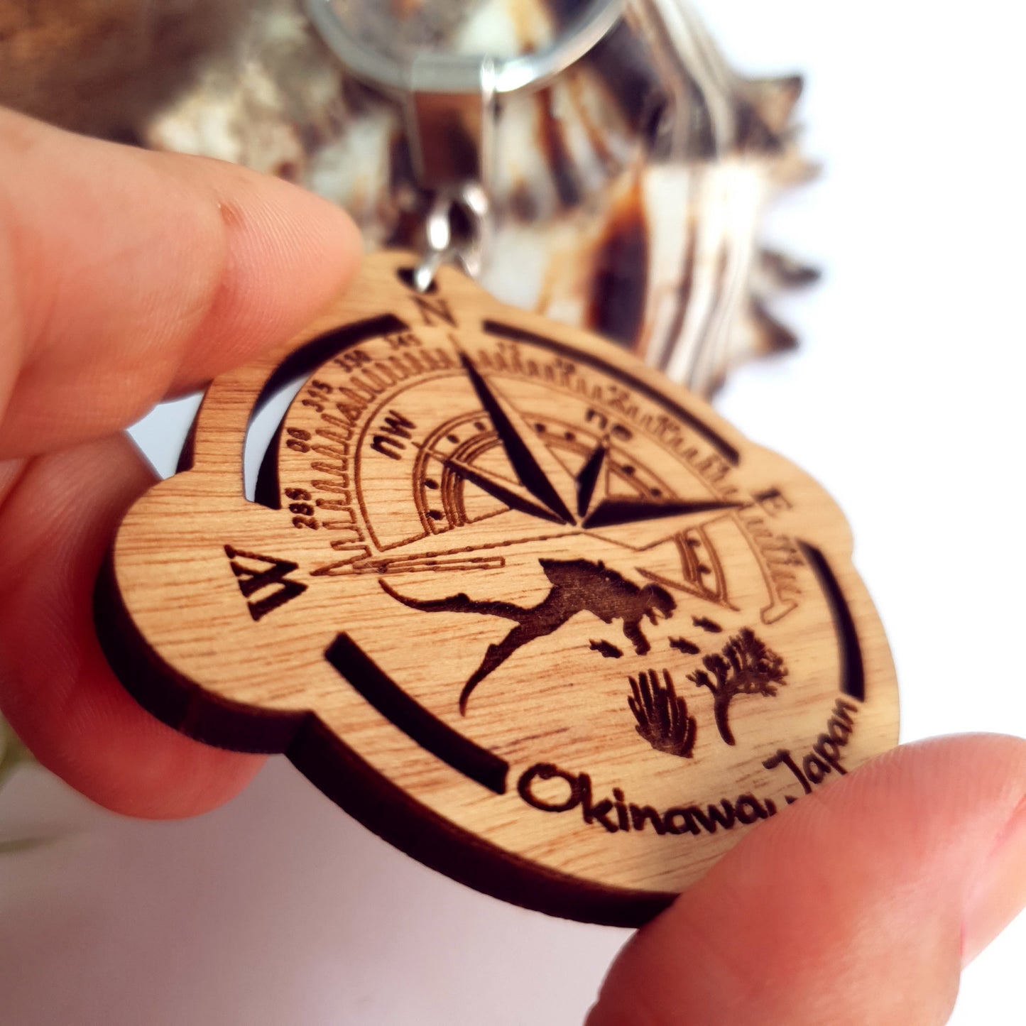 Engraved Compass Wooden Keychain