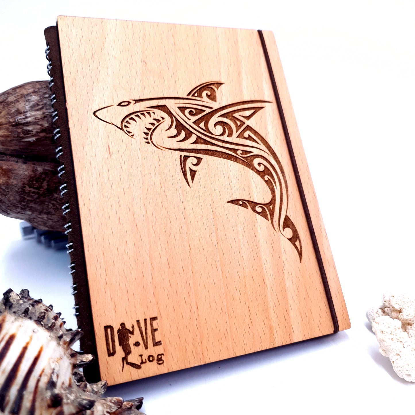 Wooden Dive Log- Engraved Shark