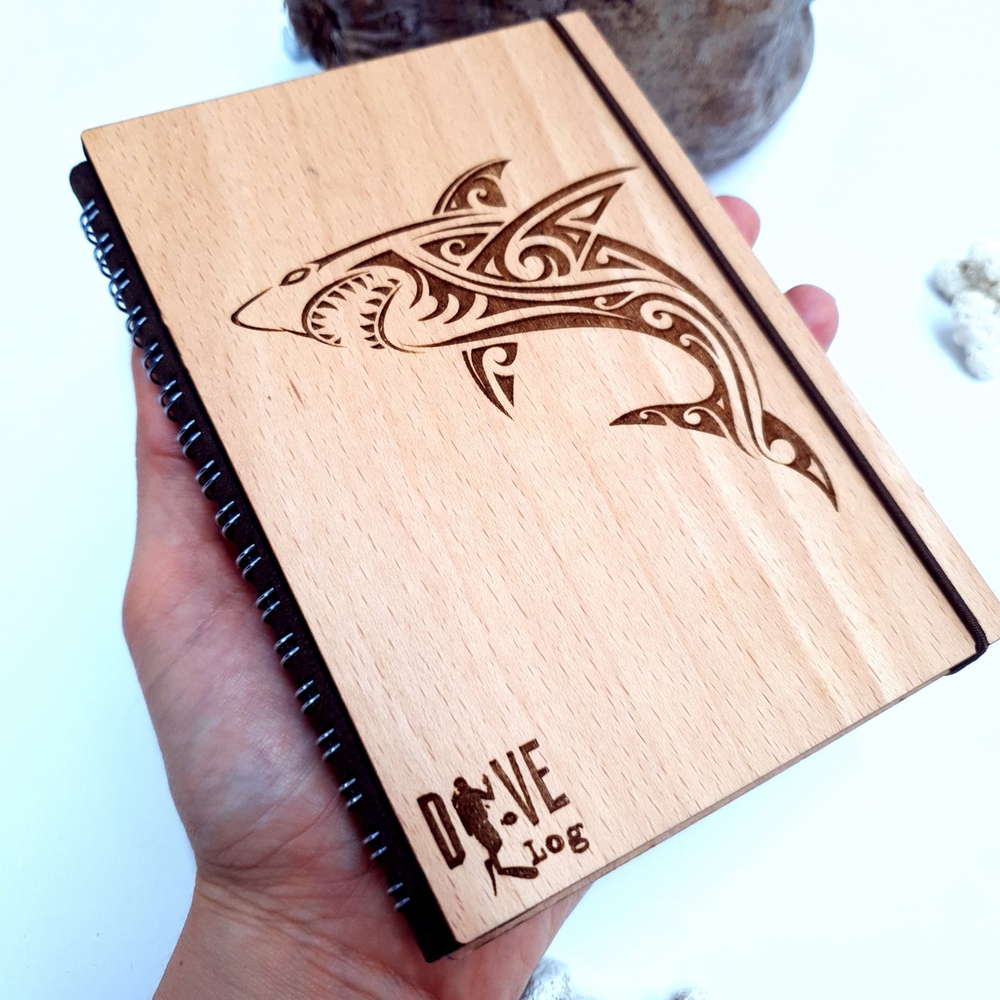 Wooden Dive Log- Engraved Shark