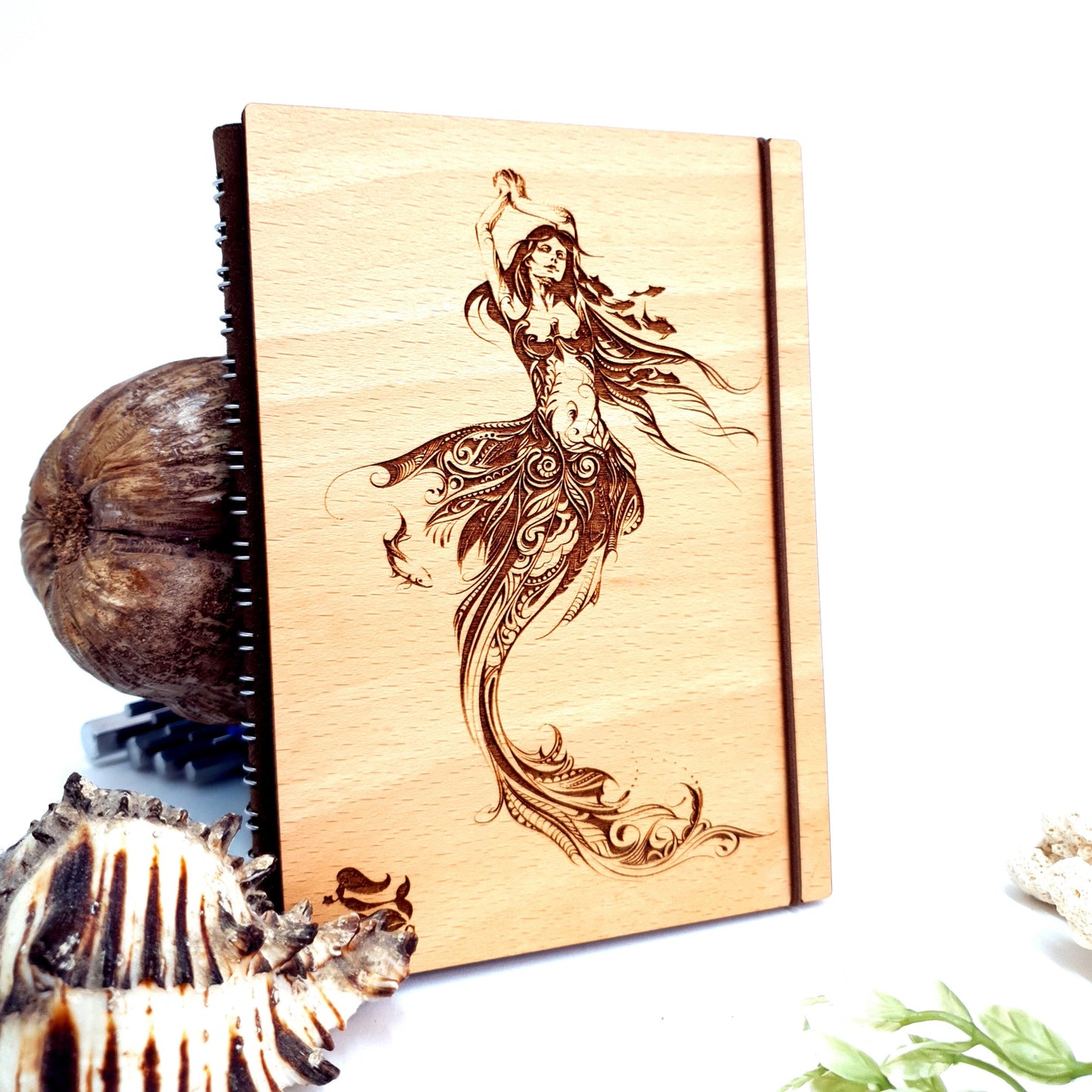 Engraved Mermaid Wooden Dive Log