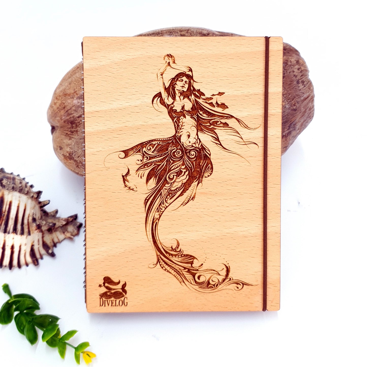 Engraved Mermaid Wooden Dive Log