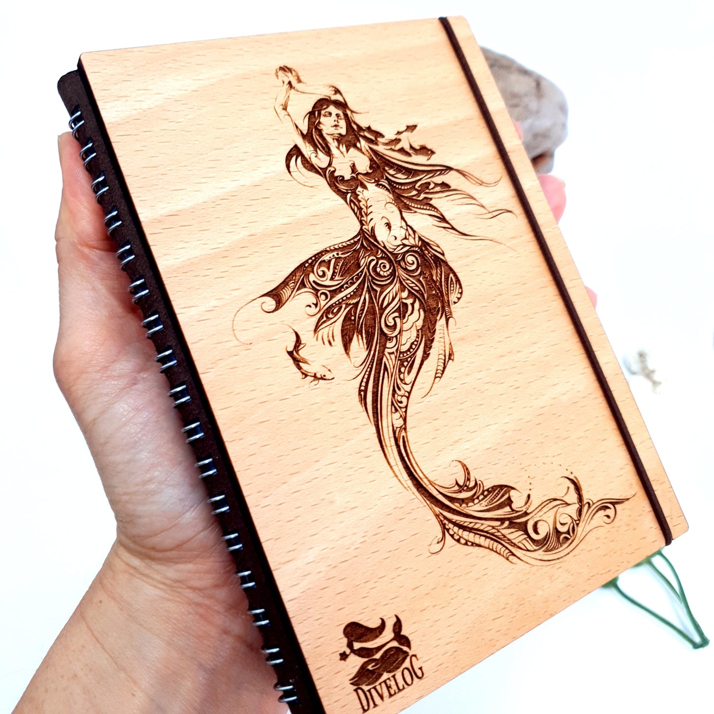 Engraved Mermaid Wooden Dive Log