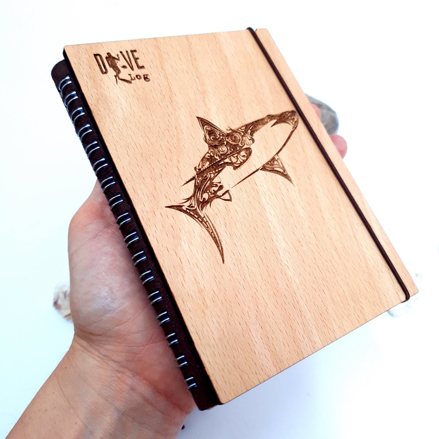 Engraved Shark Wooden Dive Log Book