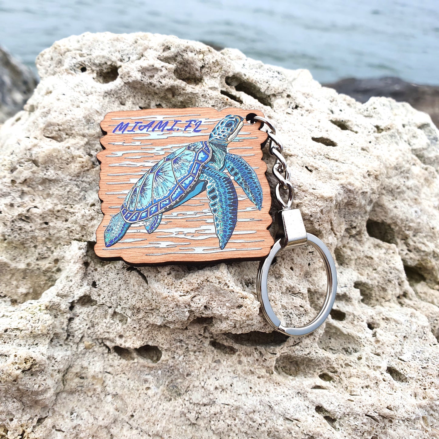 Wooden Keychain for Divers Blue Turtle