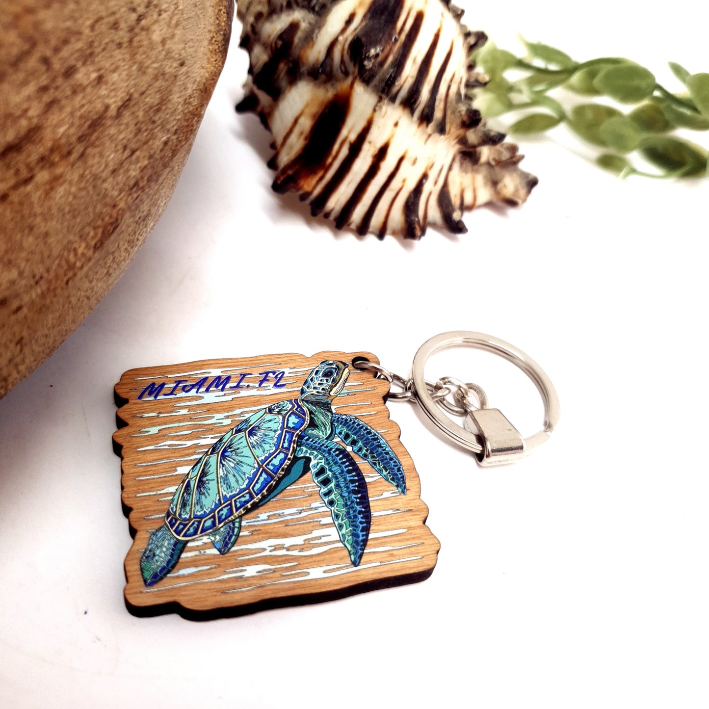 Wooden Keychain for Divers Blue Turtle