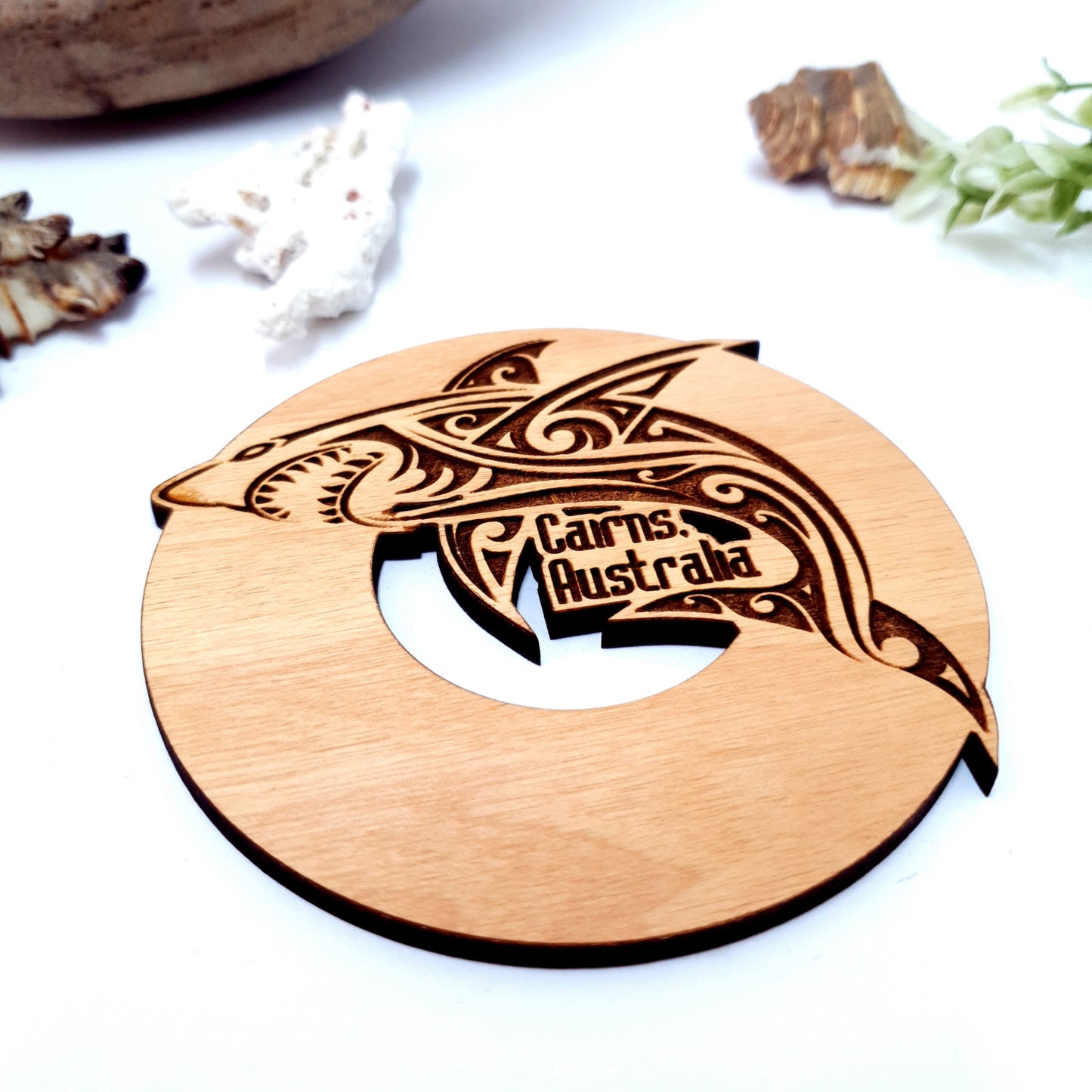 Engraved Shark Wooden Dive Coaster