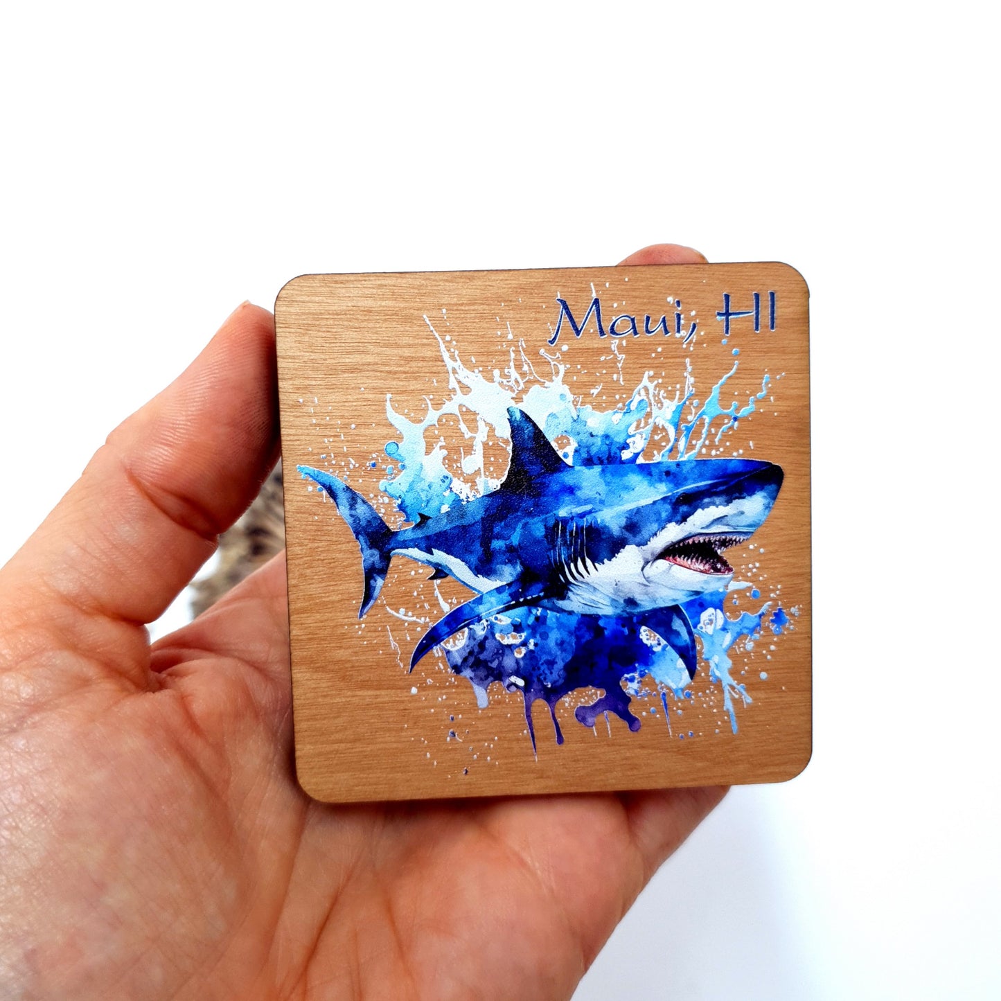 Shark Watercolor Dive Wooden Magnet