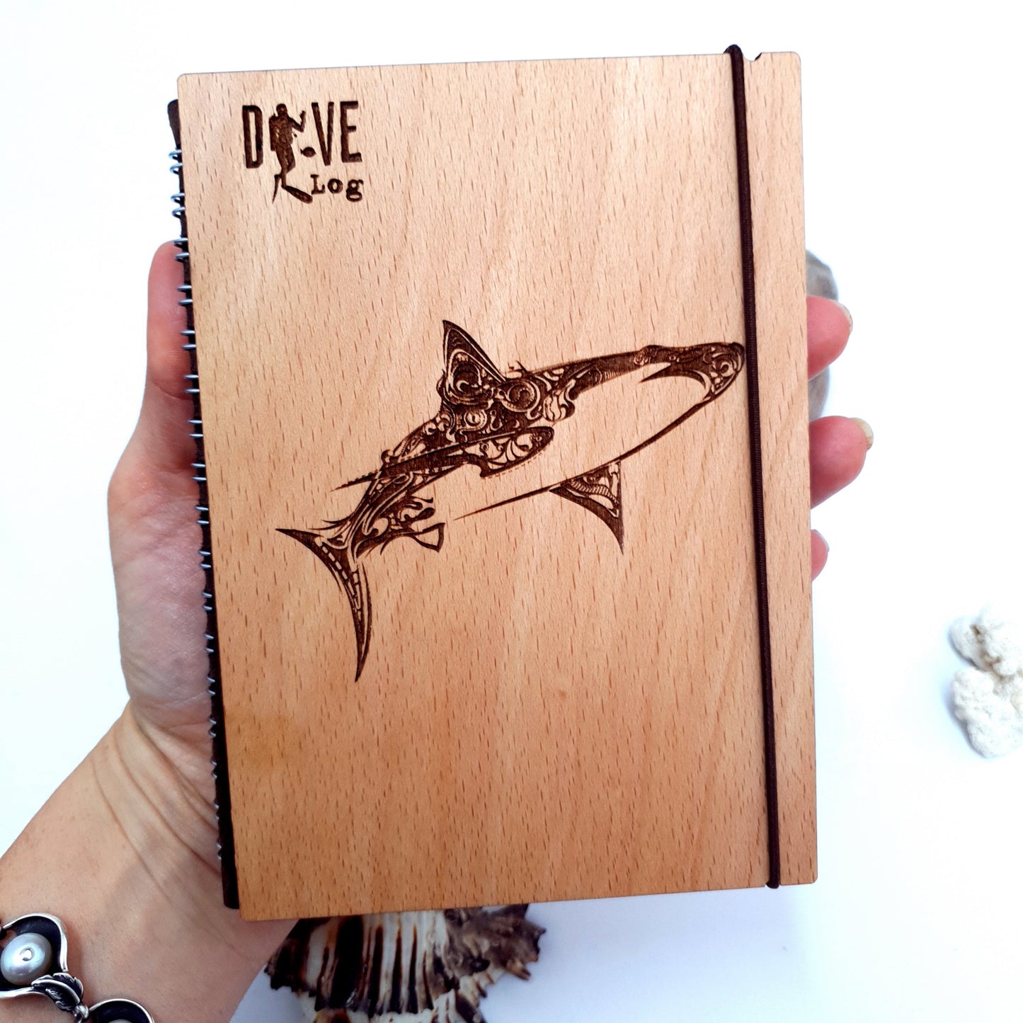 Engraved Shark Wooden Dive Log Book