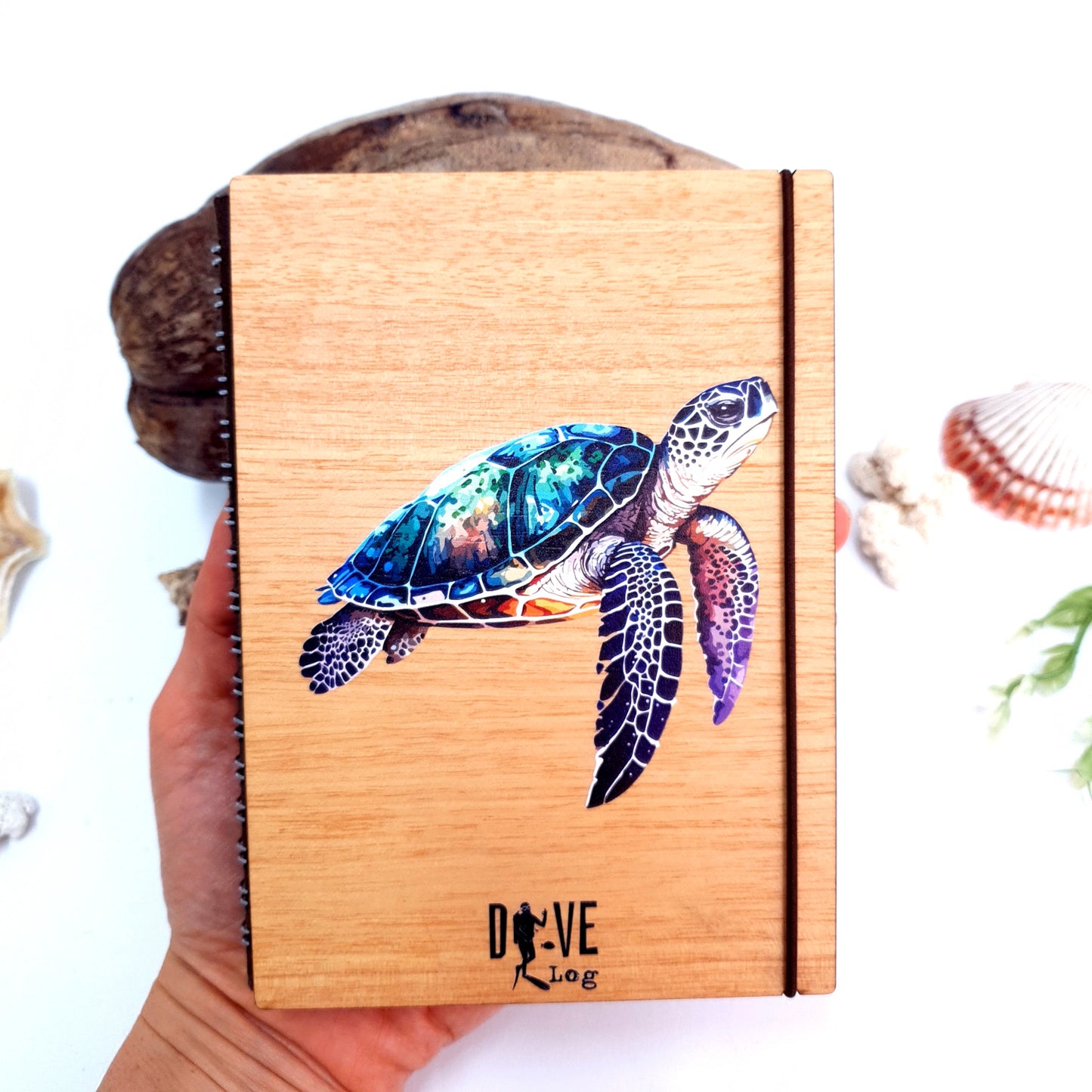 Wooden Dive Log- Watercolor Turtle