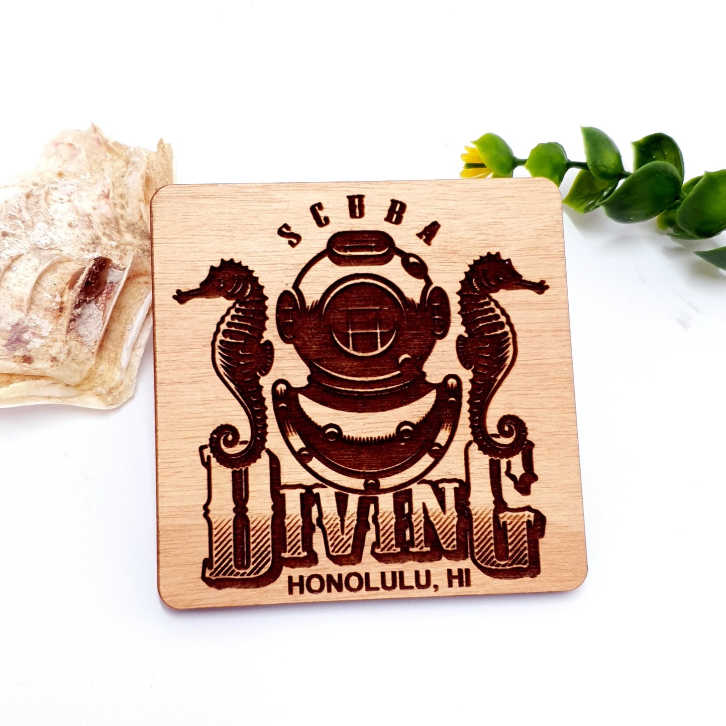 Skull Engraved Dive Wooden Fridge Magnet