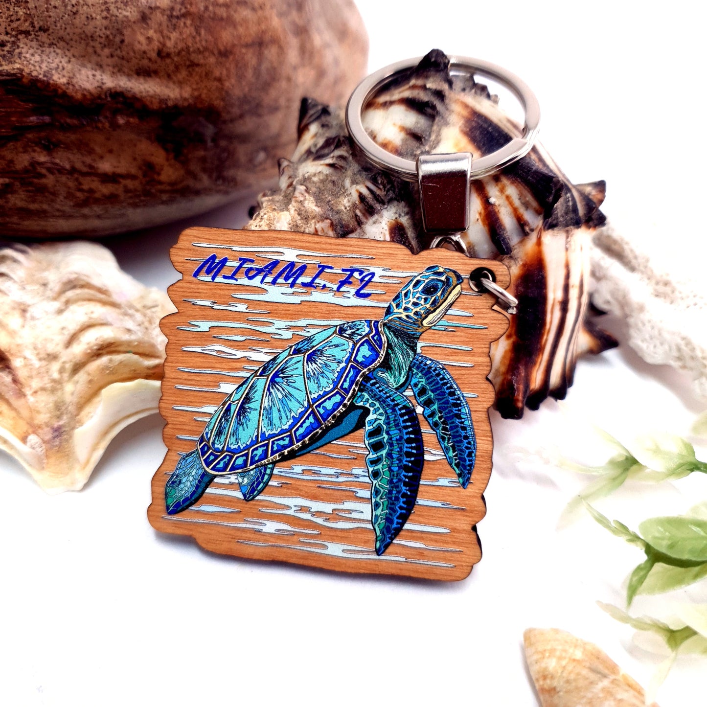 Wooden Keychain for Divers Blue Turtle