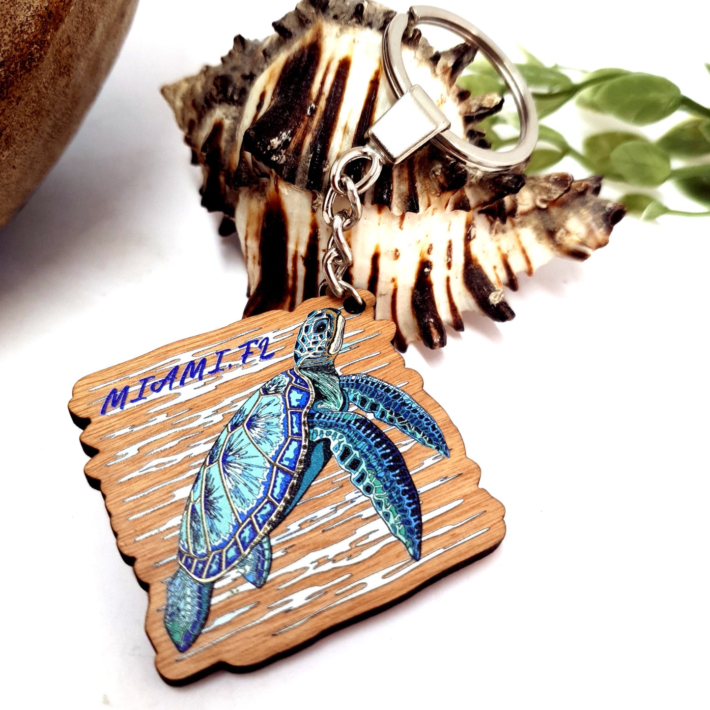 Wooden Keychain for Divers Blue Turtle