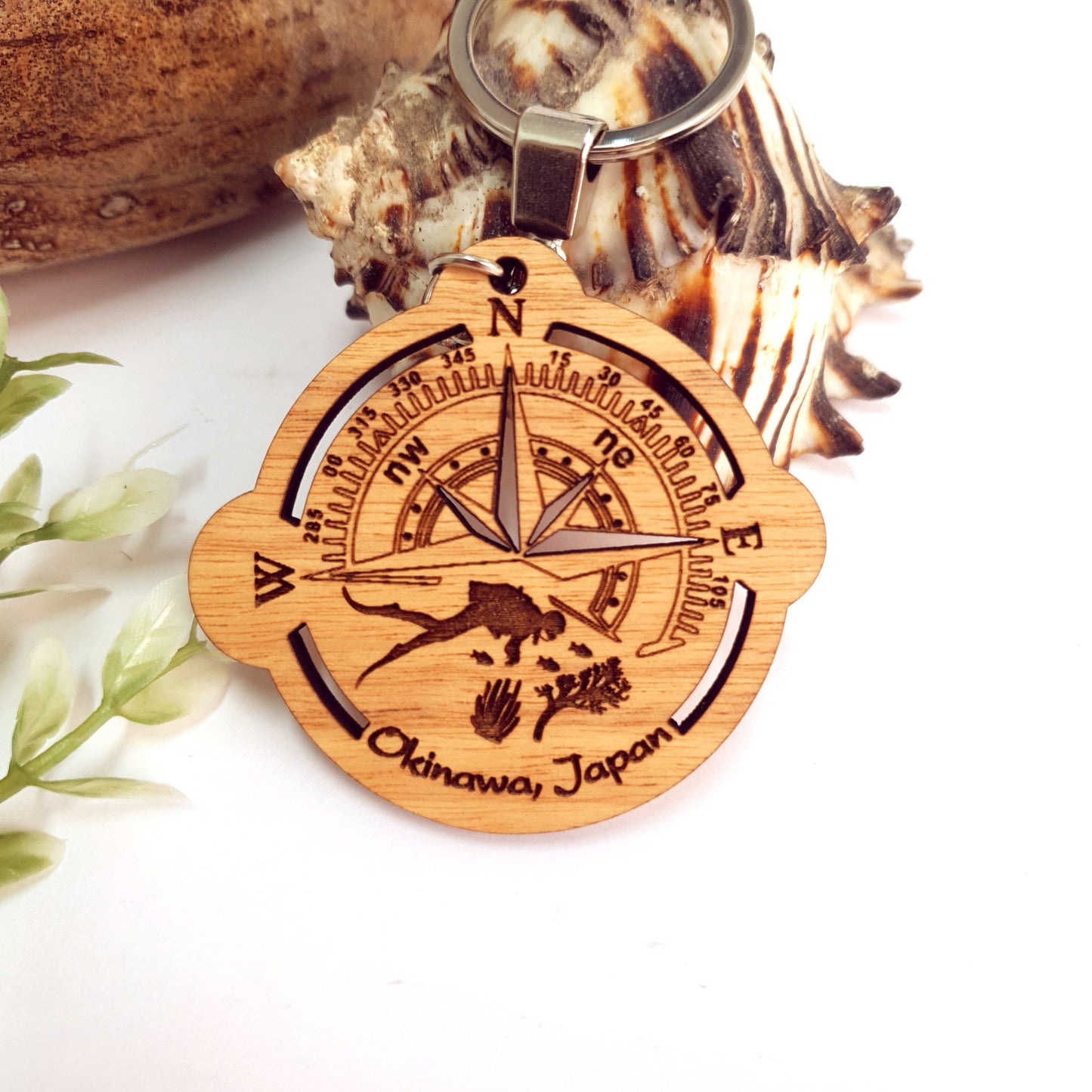 Engraved Compass Wooden Keychain