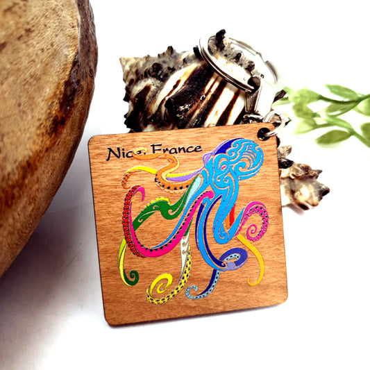 Octopus Tribal Diving Wooden Keychain