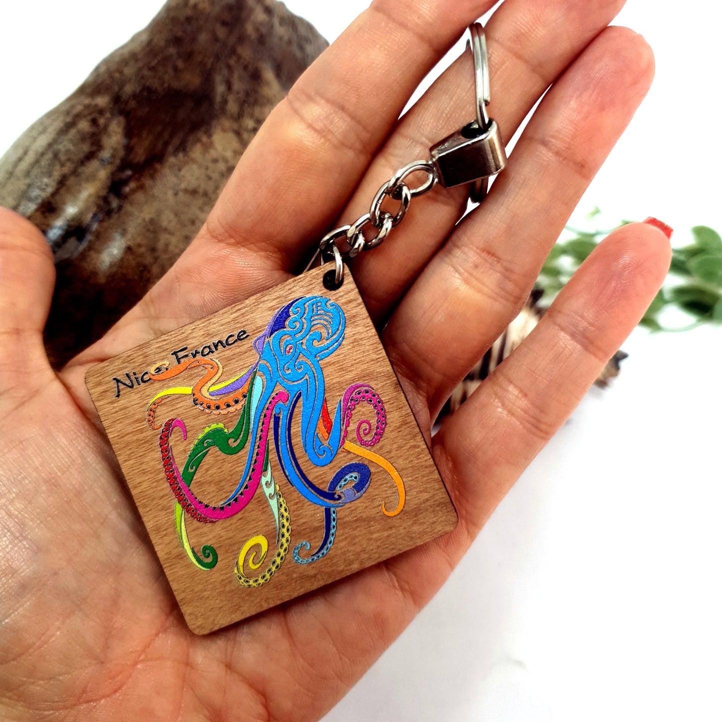 Octopus Tribal Diving Wooden Keychain