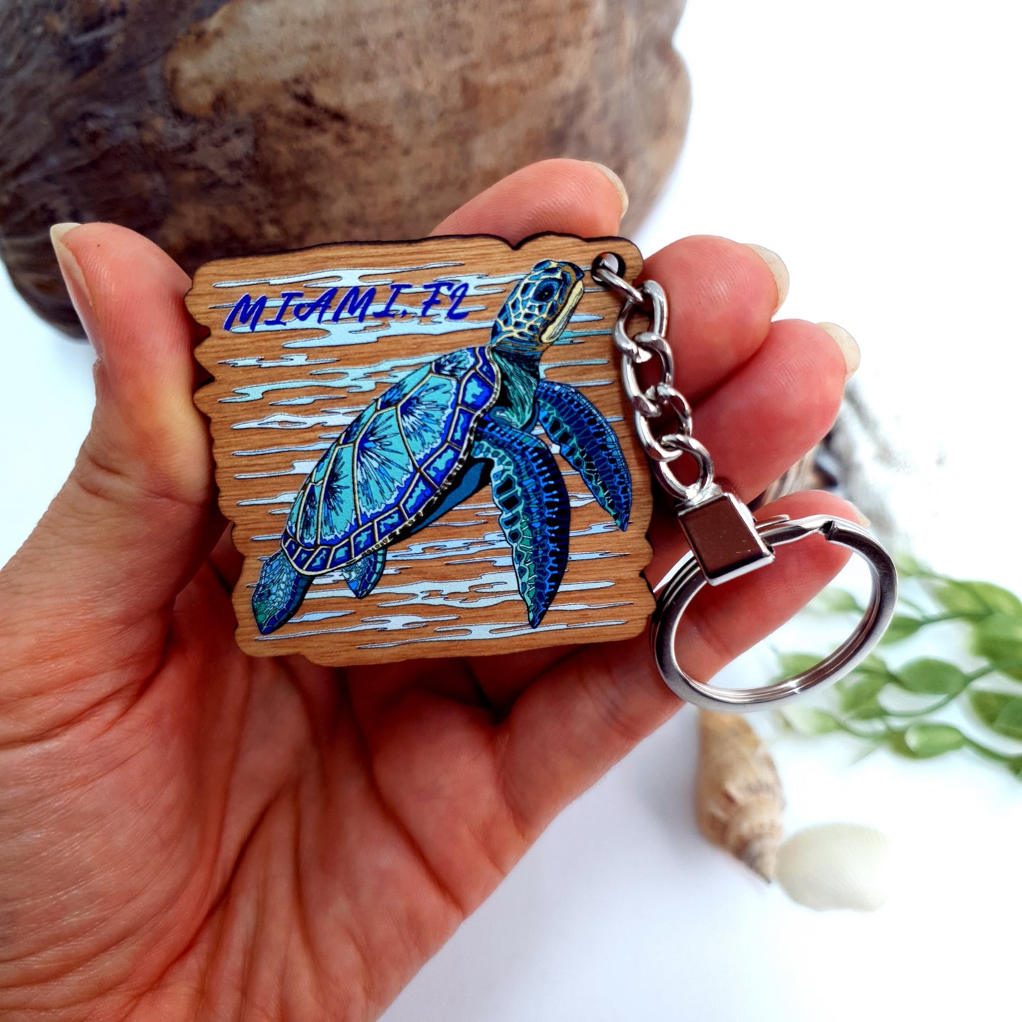 Wooden Keychain for Divers Blue Turtle