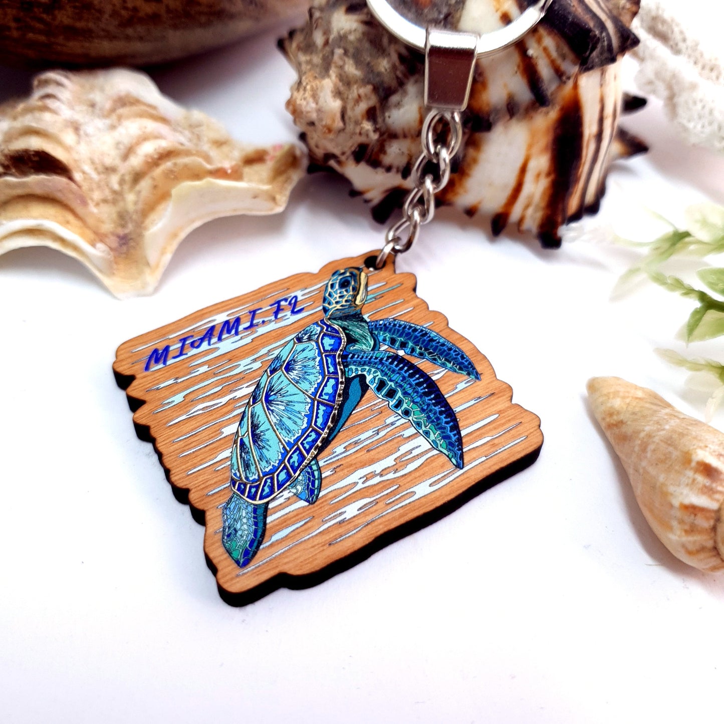 Wooden Keychain for Divers Blue Turtle