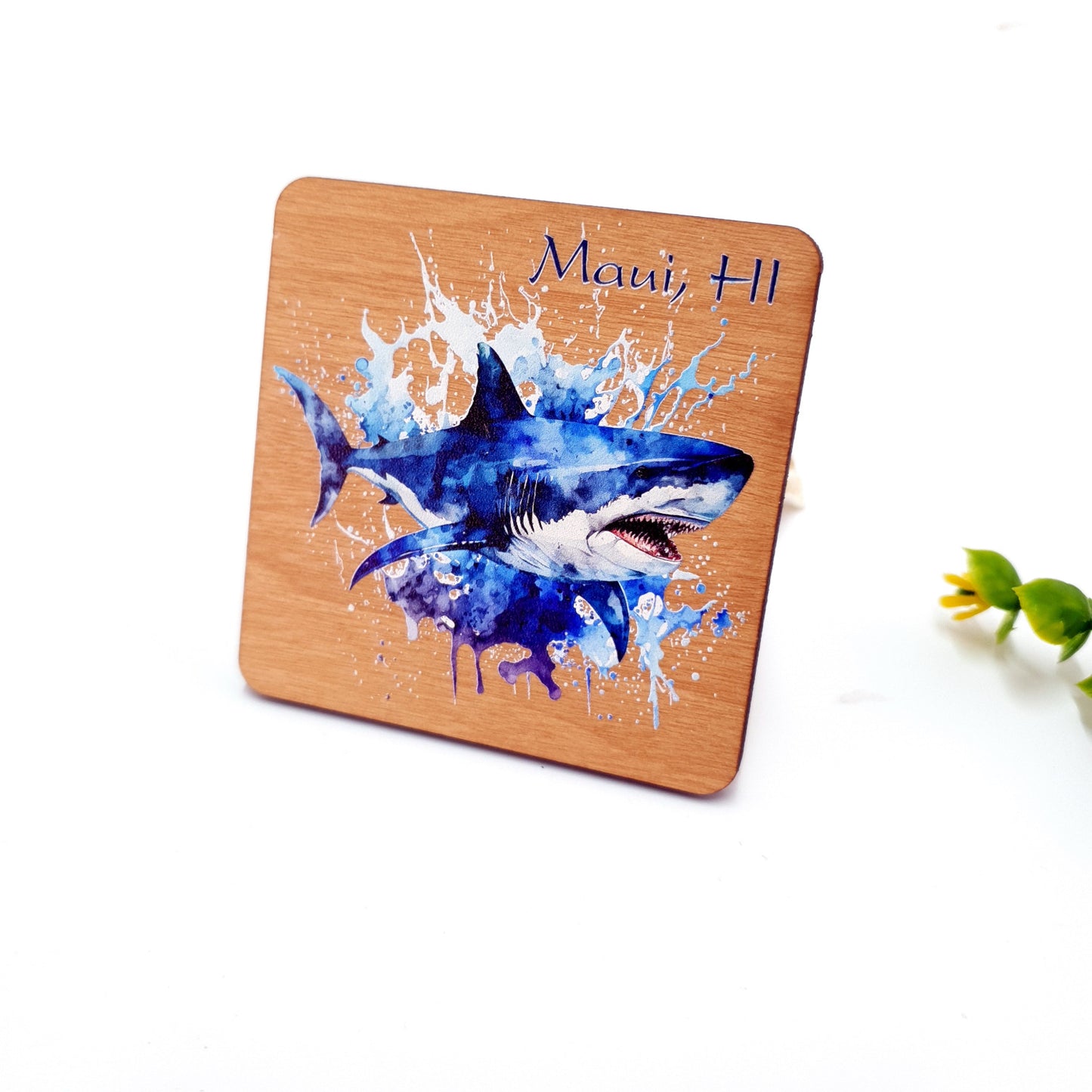 Shark Watercolor Dive Wooden Magnet