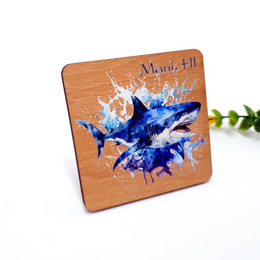 Shark Watercolor Dive Wooden Magnet