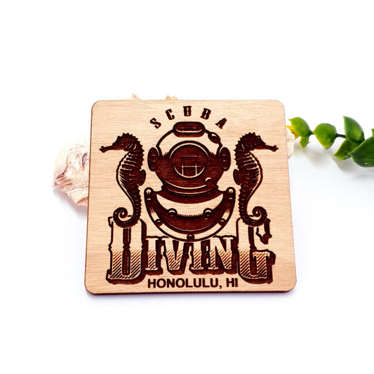 Skull Engraved Dive Wooden Fridge Magnet