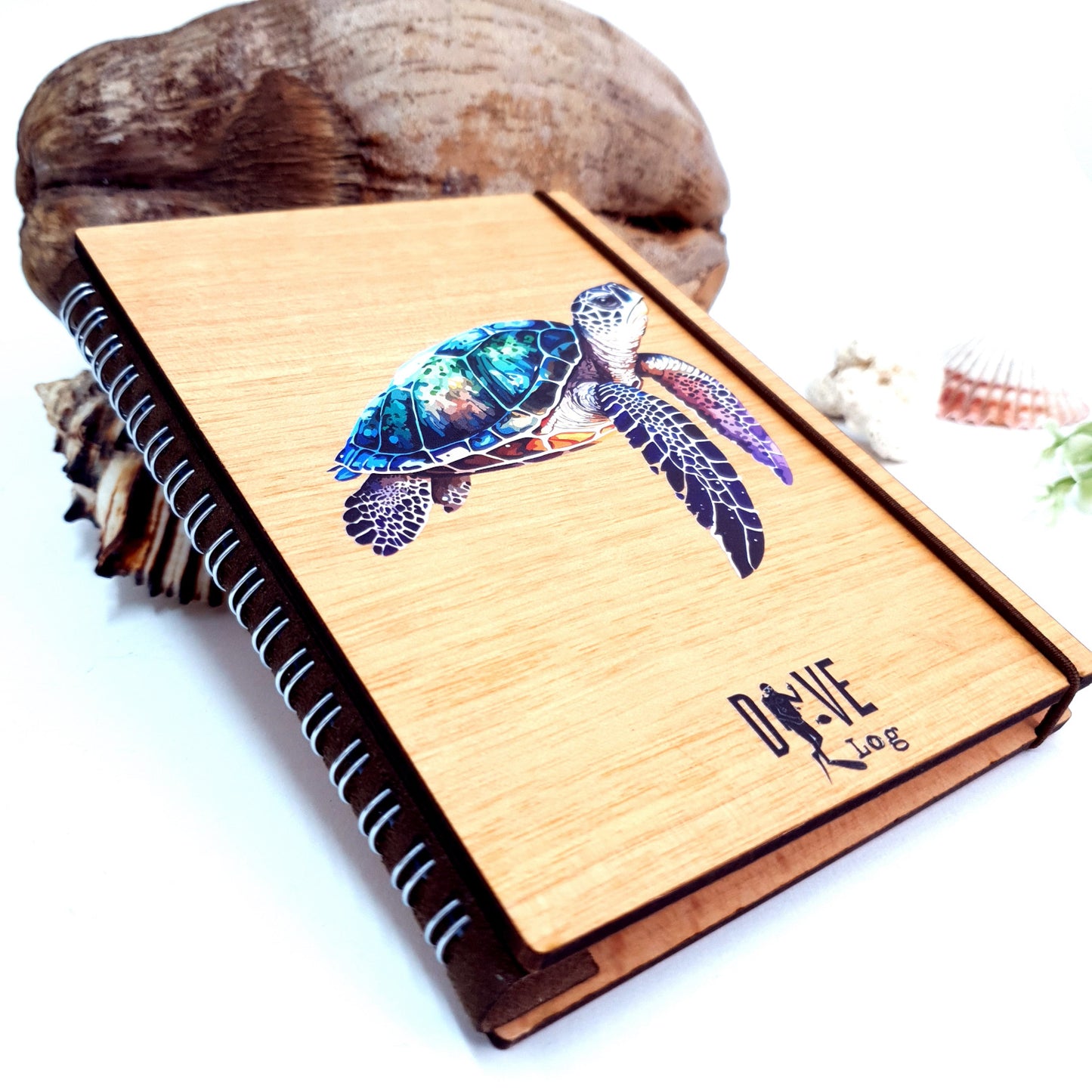 Wooden Dive Log- Watercolor Turtle