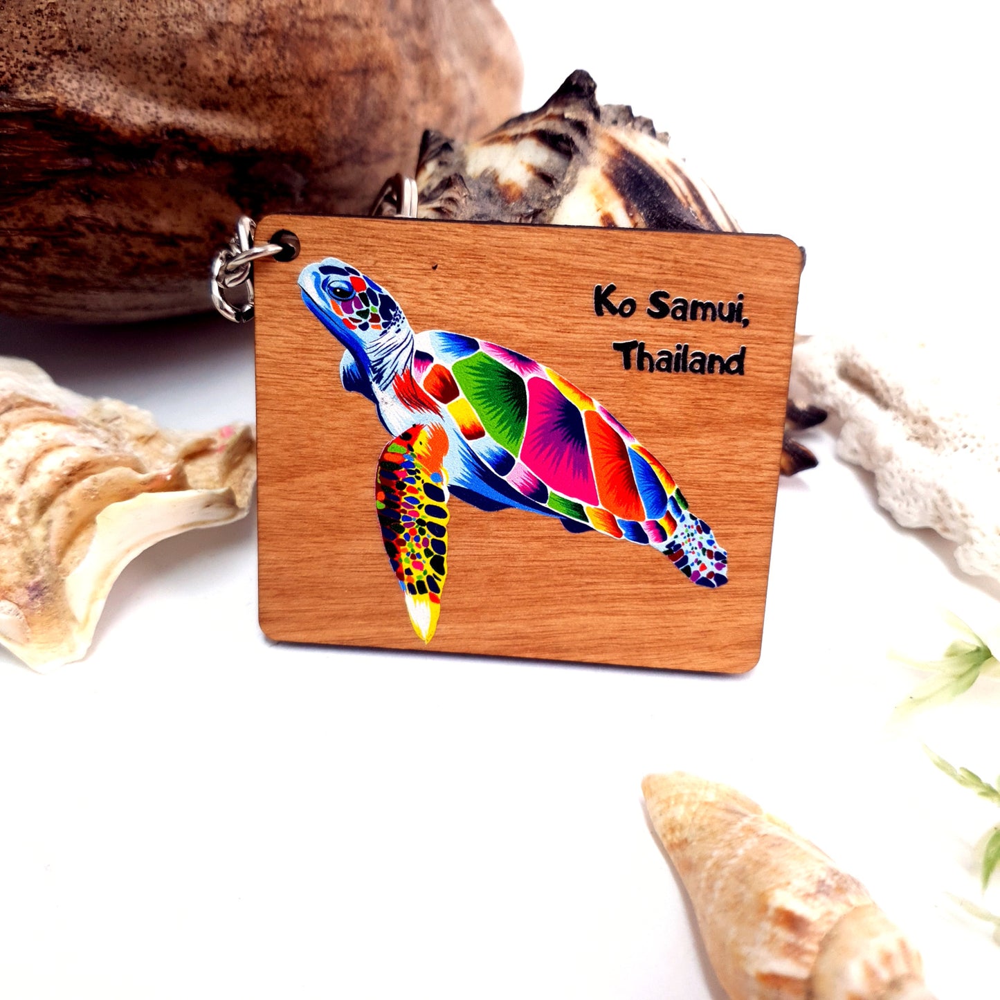 Wooden Keychain Diving Colorful Turtle