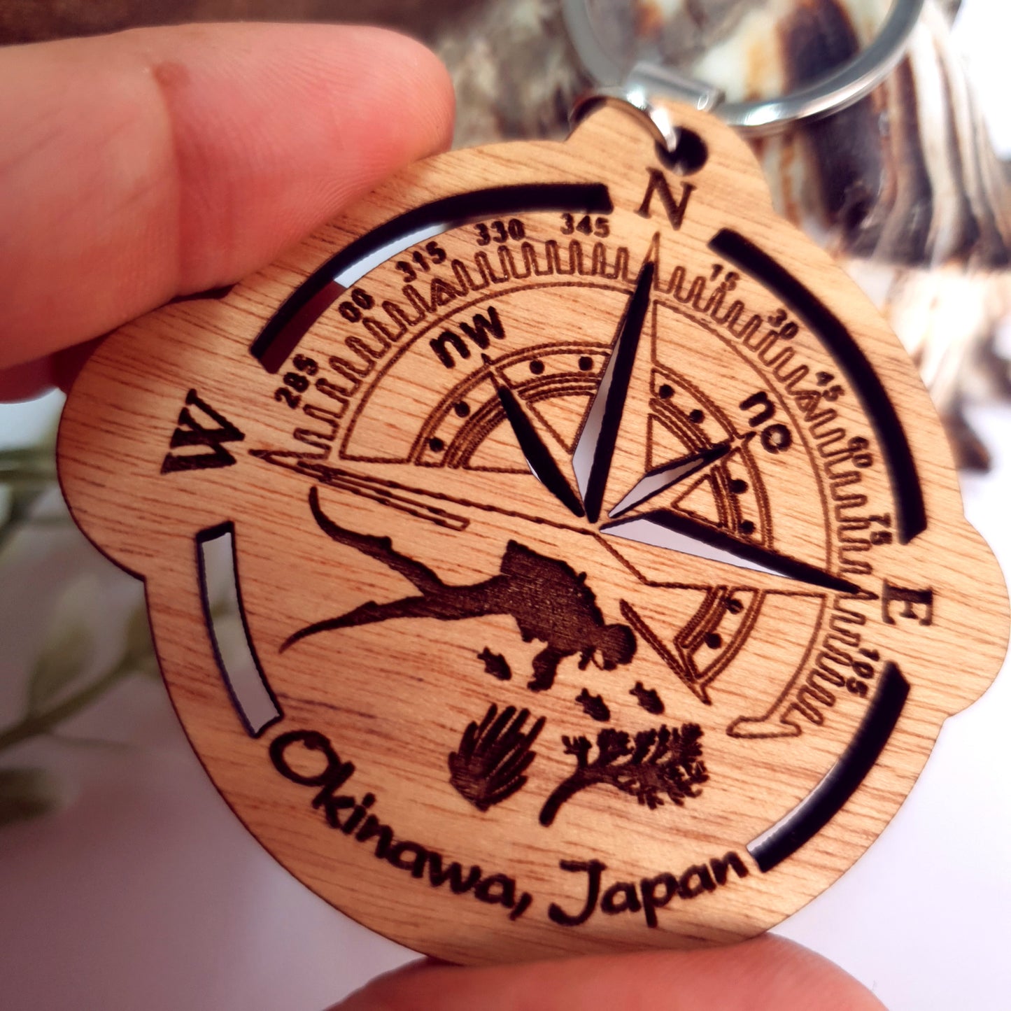 Engraved Compass Wooden Keychain